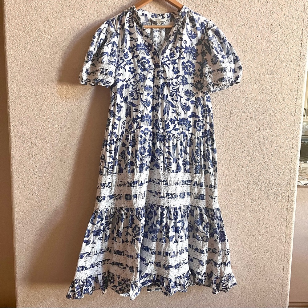 PINCH Blue and White Floral Short Puff Sleeve Midi Dress Size Large 100% Cotton